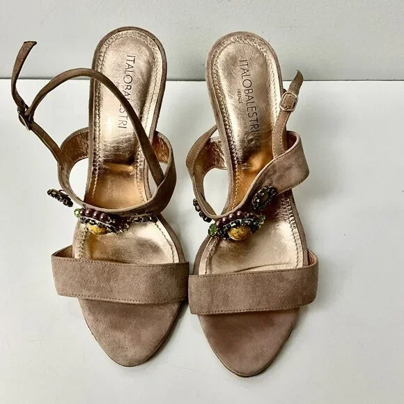 Vintage ITALOBALESTRI Suede Sandals Heels Cipria Pink Beaded Detail Size EU 39